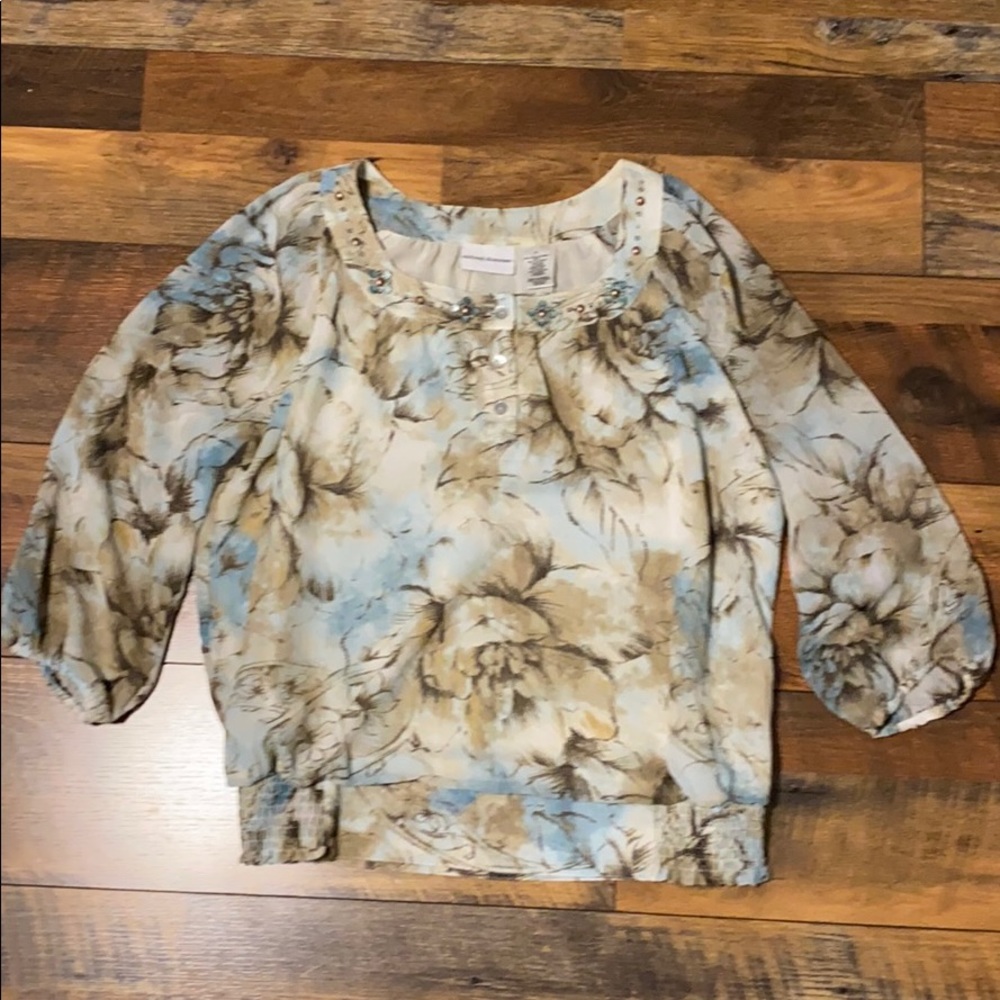 Alfred Dunner blouse tan cream and blue Sz 14